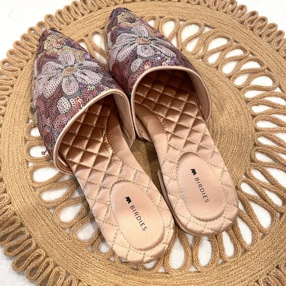 Birdies The Dove Women's Sequin Slip On Floral Slippers Pink Metallic Size 9 - Picture 11 of 11